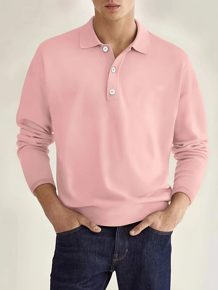 Men's Long Sleeve Polo Shirt with Button Placket - Pink