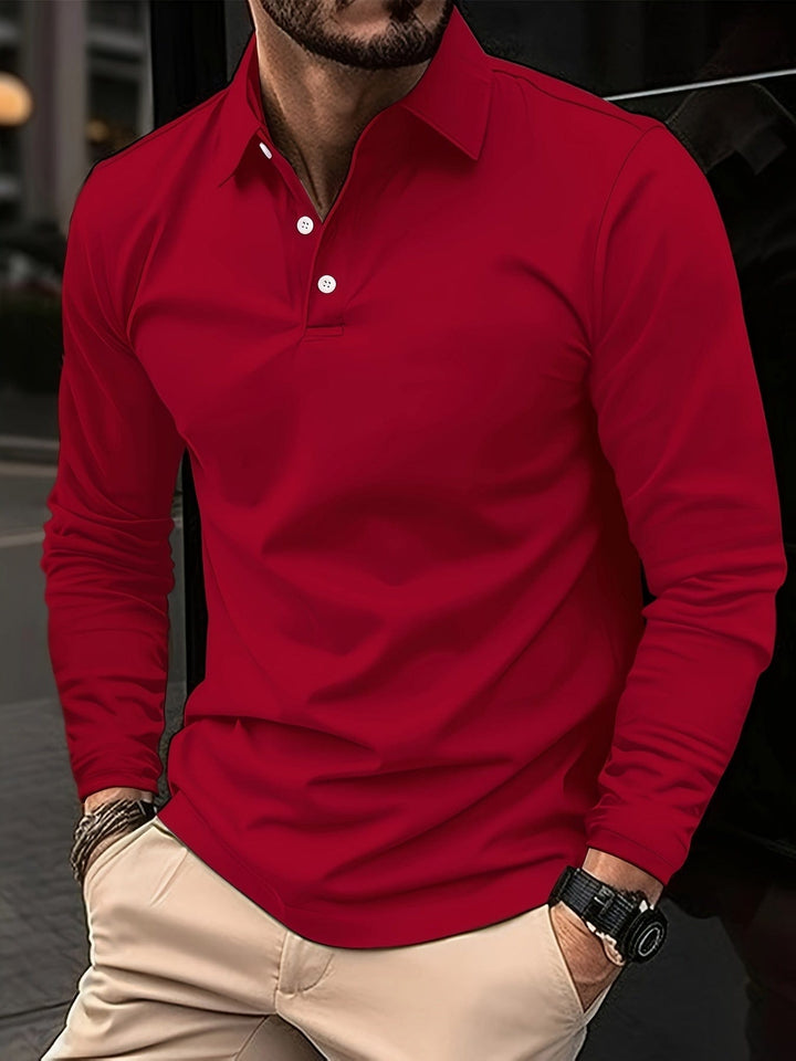Men's Long Sleeve Polo Shirt with Button Placket - Red