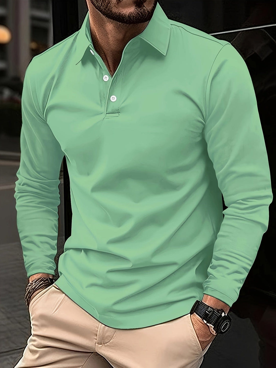 Men's Long Sleeve Polo Shirt with Button Placket - Green