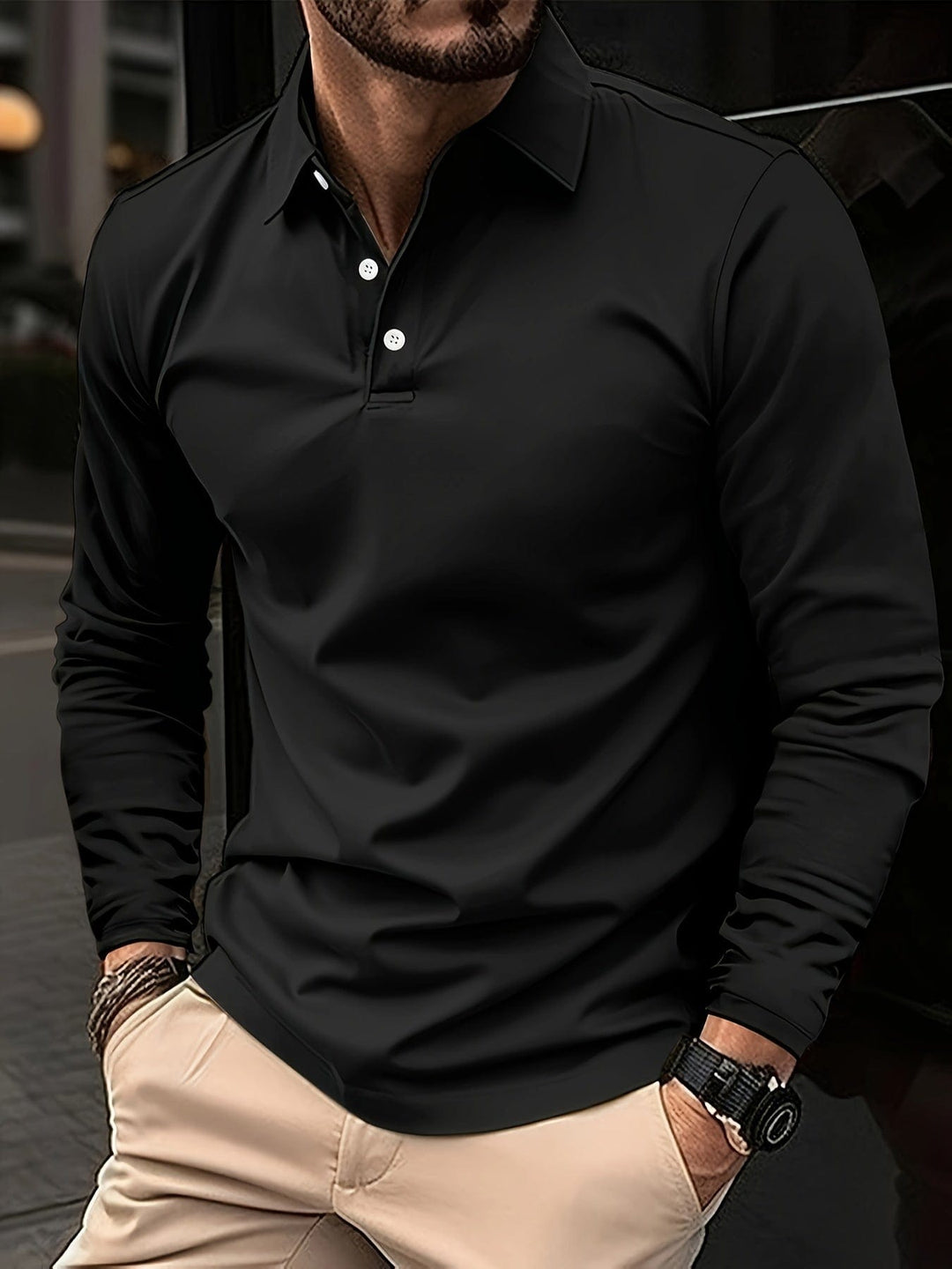 Men's Long Sleeve Polo Shirt with Button Placket - Black