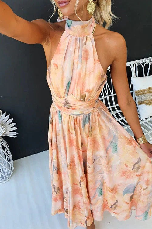 Daydream Whirl Halter Pleated Midi Dress