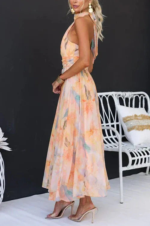 Daydream Whirl Halter Pleated Midi Dress