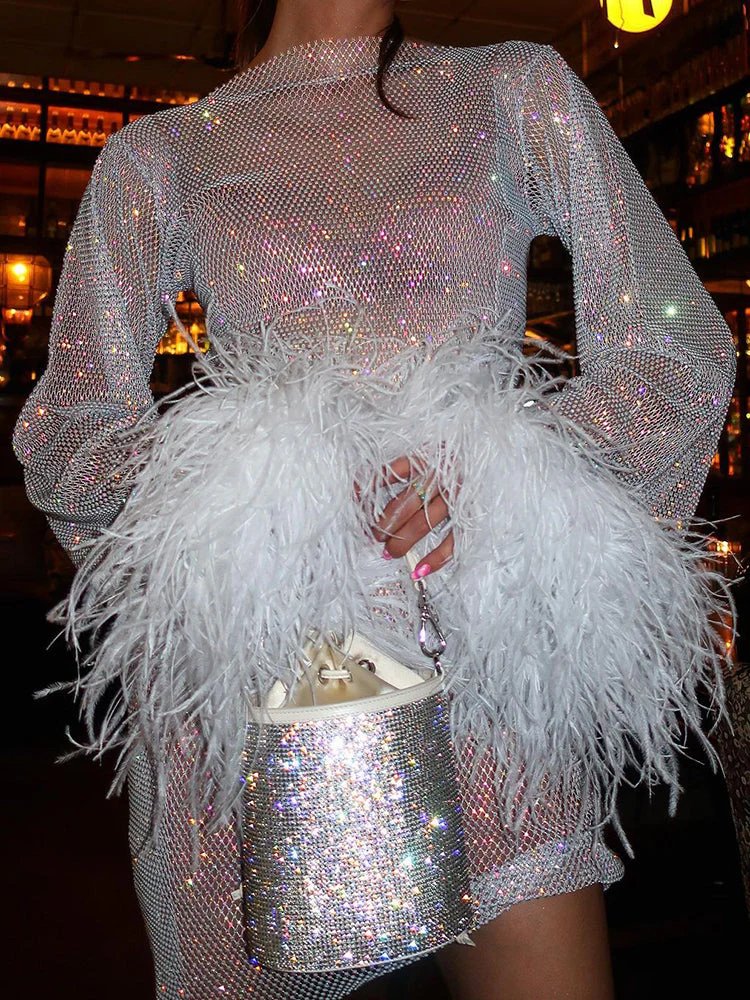 Elegant Metallic Sheer Feather Mini Dress