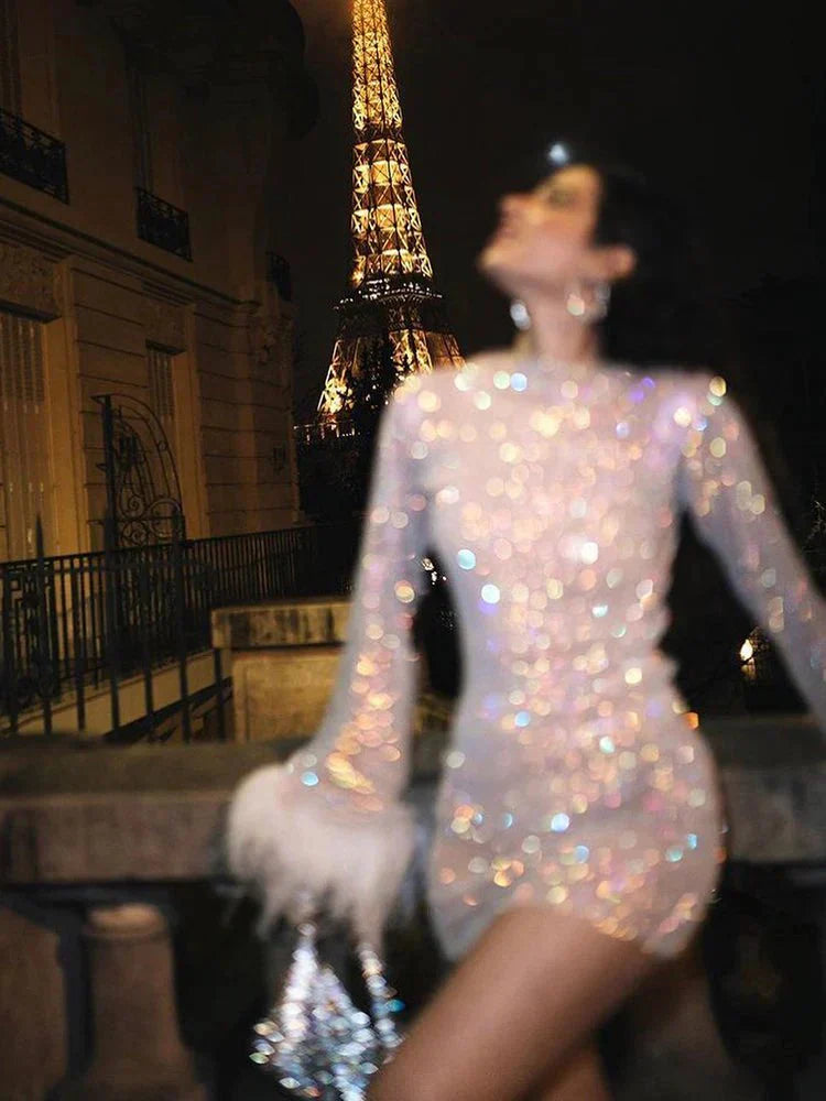 Elegant Metallic Sheer Feather Mini Dress