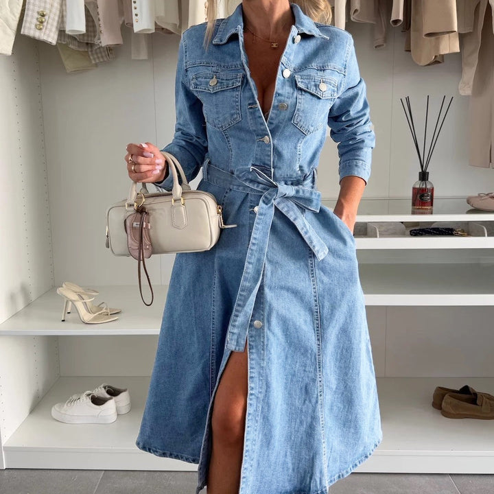 Women's Denim Shirt Dress with Tie Belt
