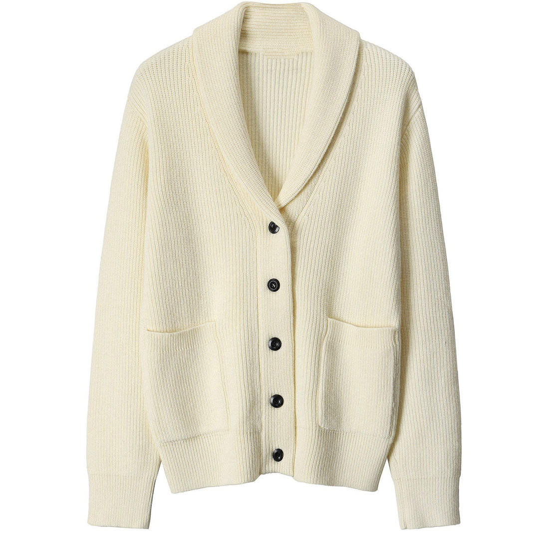 Men's Ribbed Knit Cardigan Sweater with Shawl Collar for Smart-Casual Wear