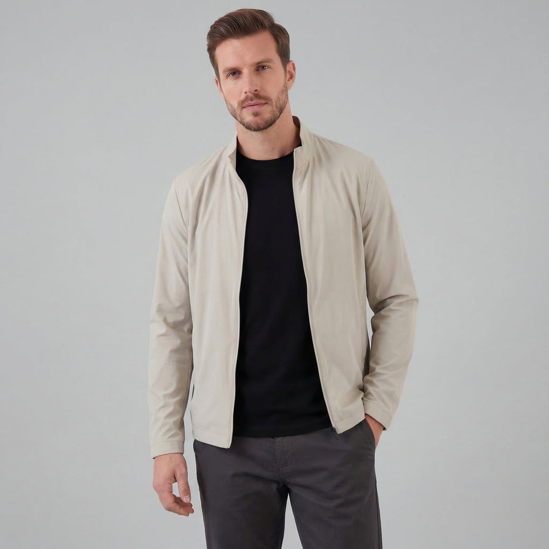 Men's Brown Bomber Jacket with Zip Front and Side Pockets and Collar