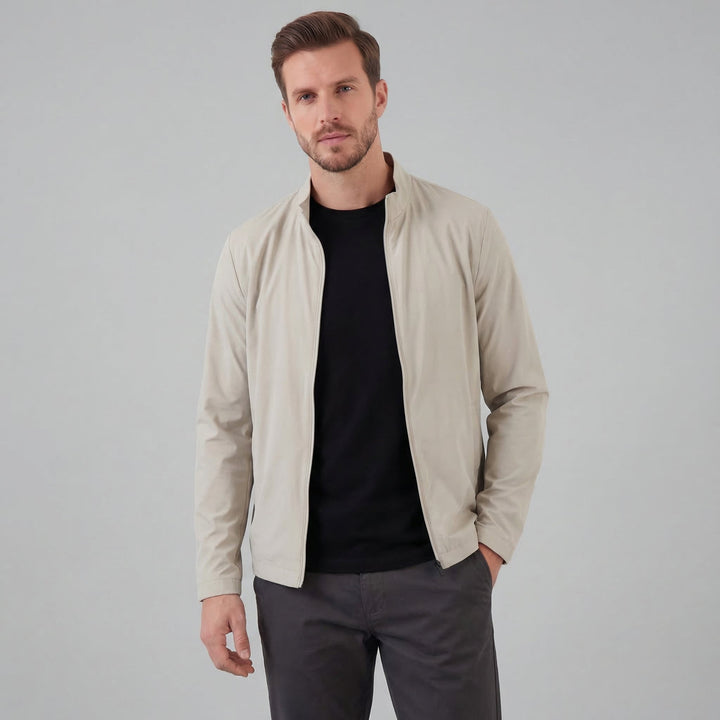 Men's Brown Bomber Jacket with Zip Front and Side Pockets and Collar