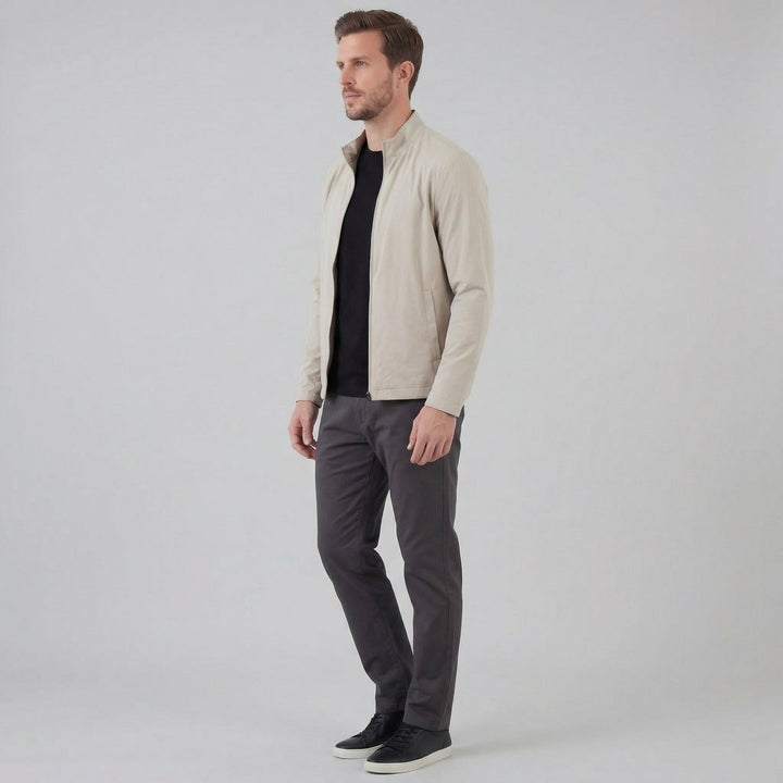 Men's Brown Bomber Jacket with Zip Front and Side Pockets and Collar