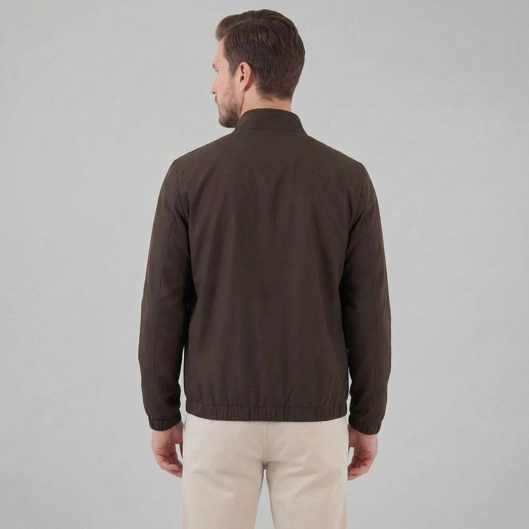 Men's Brown Bomber Jacket with Zip Front and Side Pockets and Collar