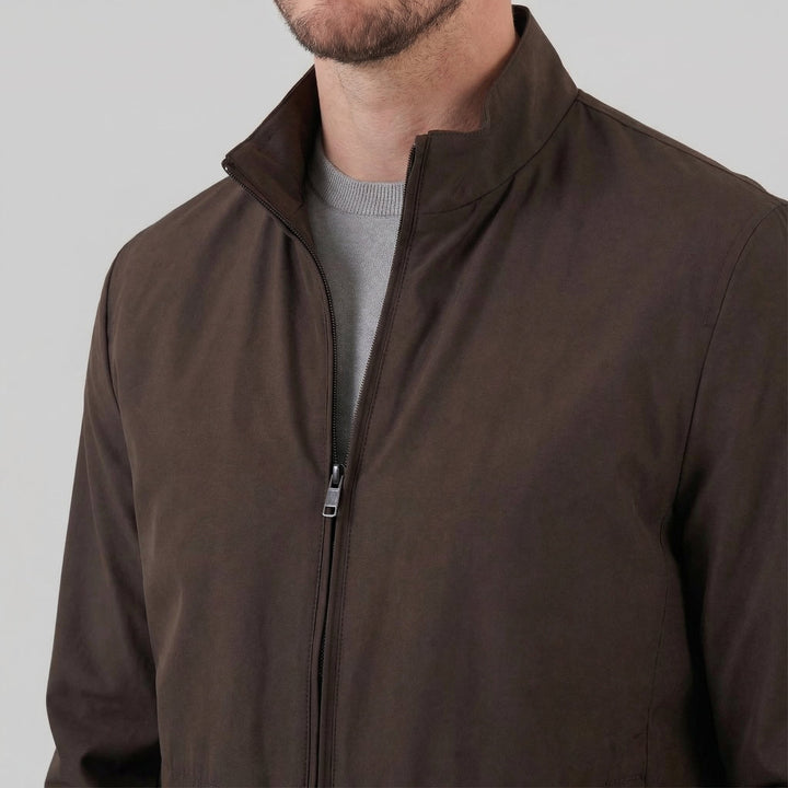 Men's Brown Bomber Jacket with Zip Front and Side Pockets and Collar