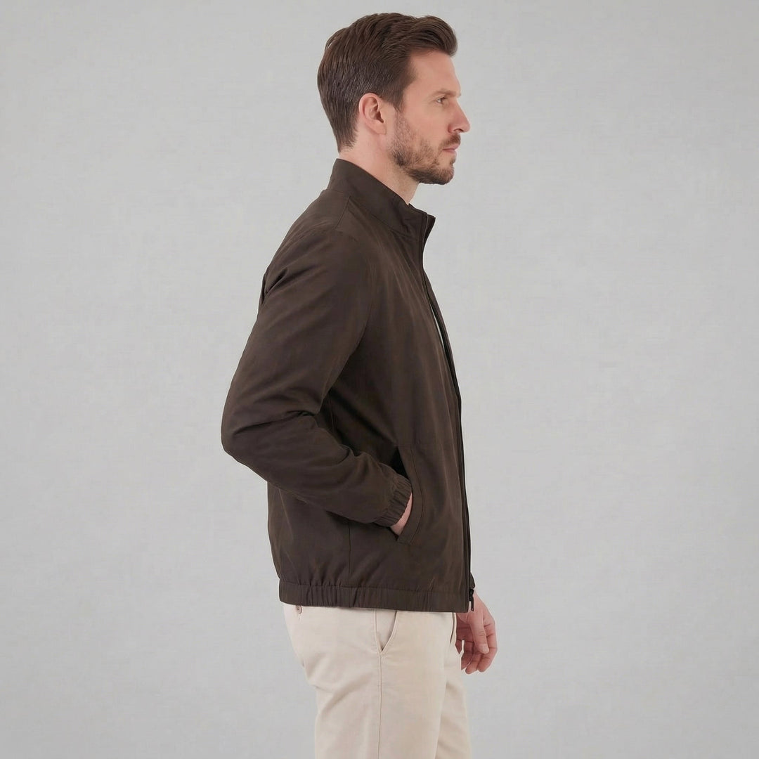 Men's Brown Bomber Jacket with Zip Front and Side Pockets and Collar