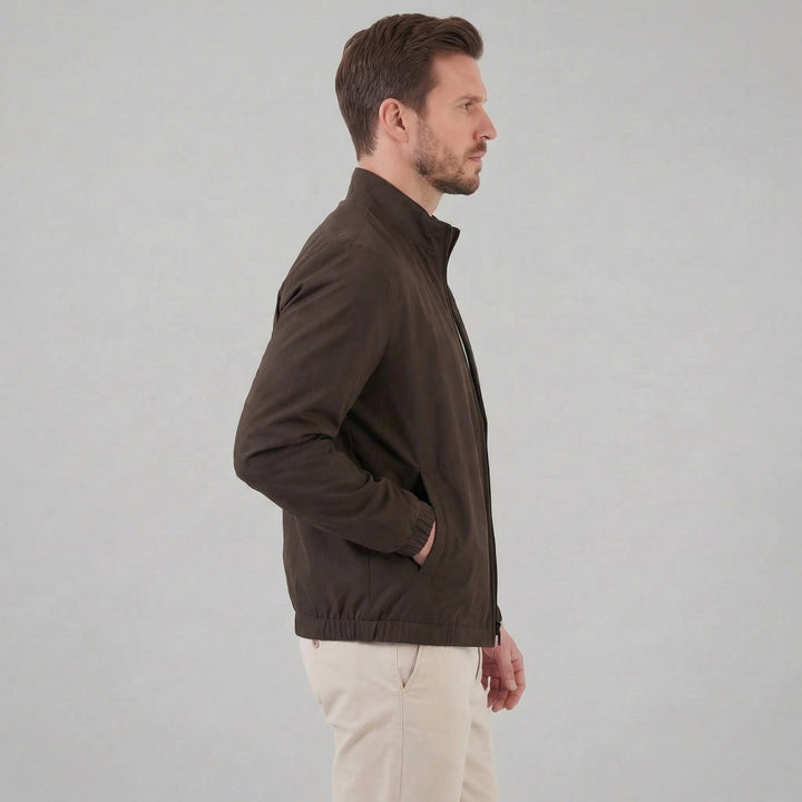 Men's Brown Bomber Jacket with Zip Front and Side Pockets and Collar