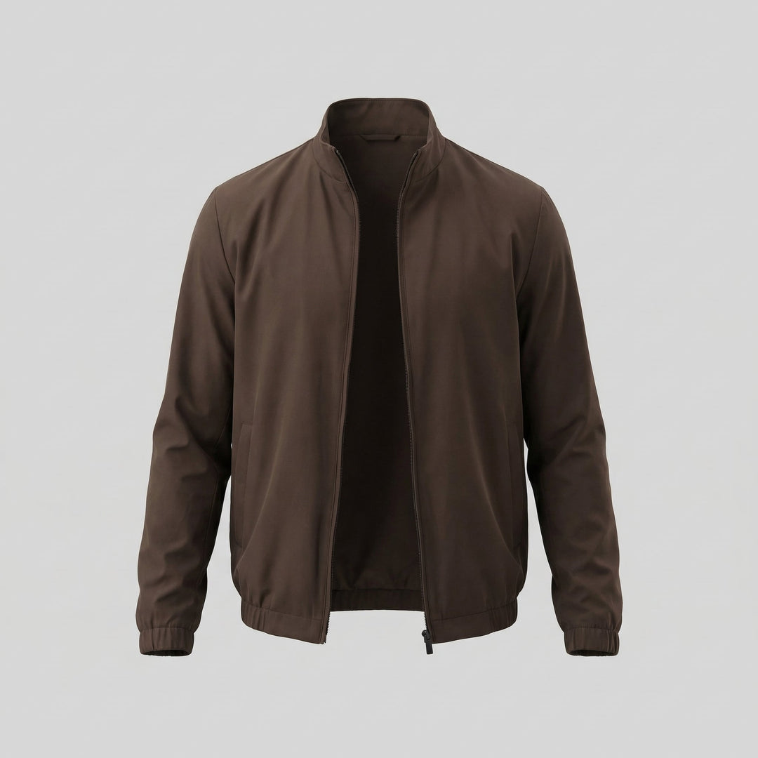 Men's Brown Bomber Jacket with Zip Front and Side Pockets and Collar