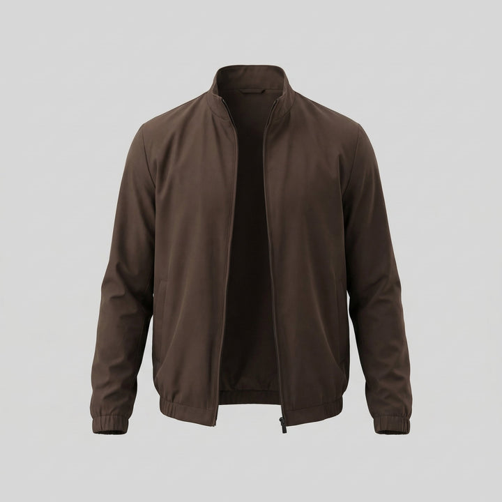 Men's Brown Bomber Jacket with Zip Front and Side Pockets and Collar
