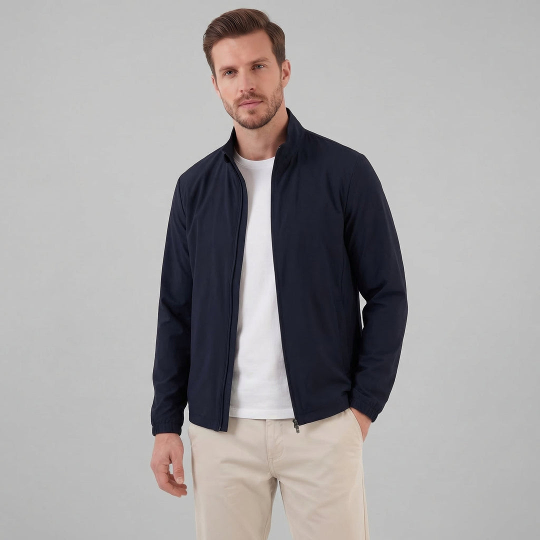 Men's Brown Bomber Jacket with Zip Front and Side Pockets and Collar