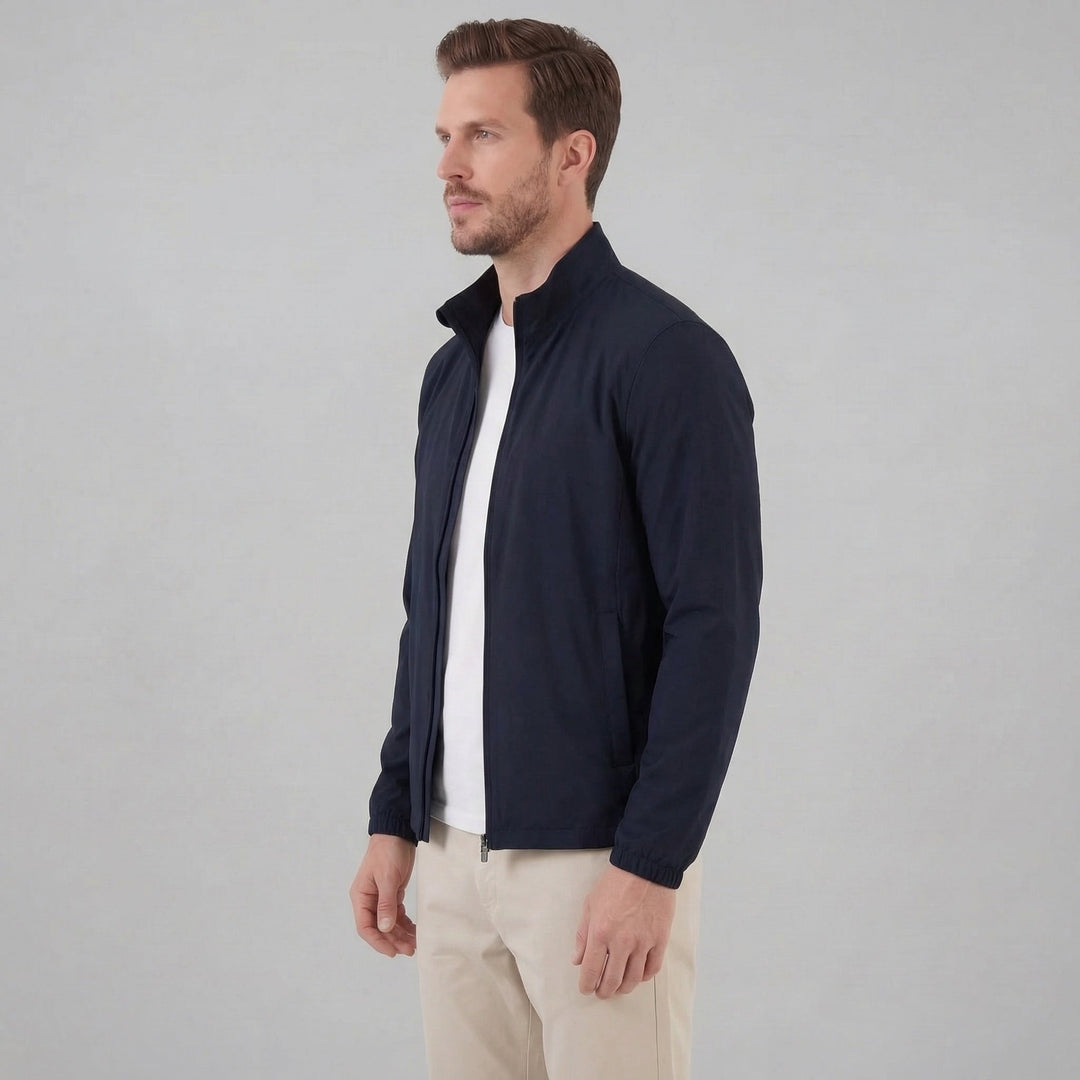 Men's Brown Bomber Jacket with Zip Front and Side Pockets and Collar