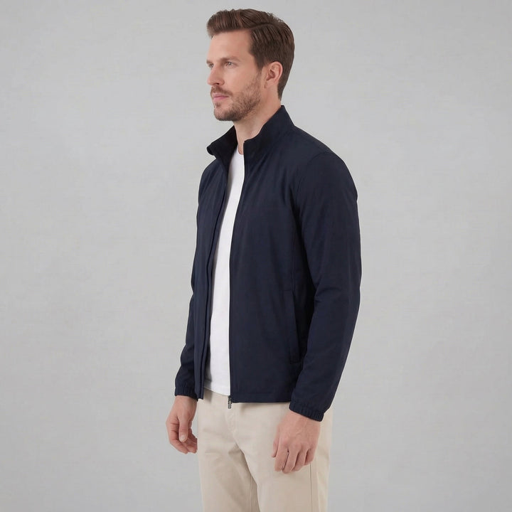 Men's Brown Bomber Jacket with Zip Front and Side Pockets and Collar