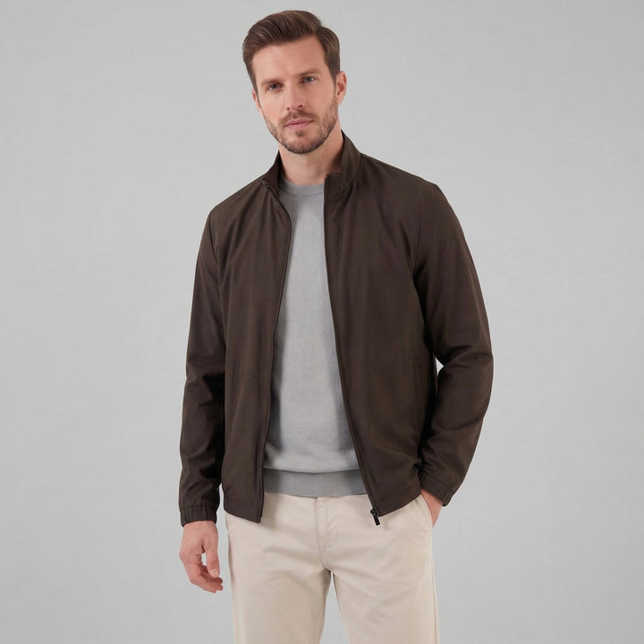 Men's Brown Bomber Jacket with Zip Front and Side Pockets and Collar