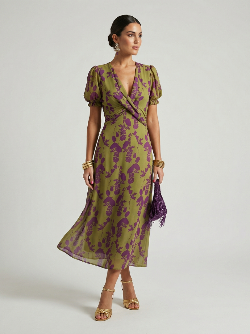 Mira | Wedding Guest Chiffon Floral V-Neck Puff Sleeve Wrap Midi Dress