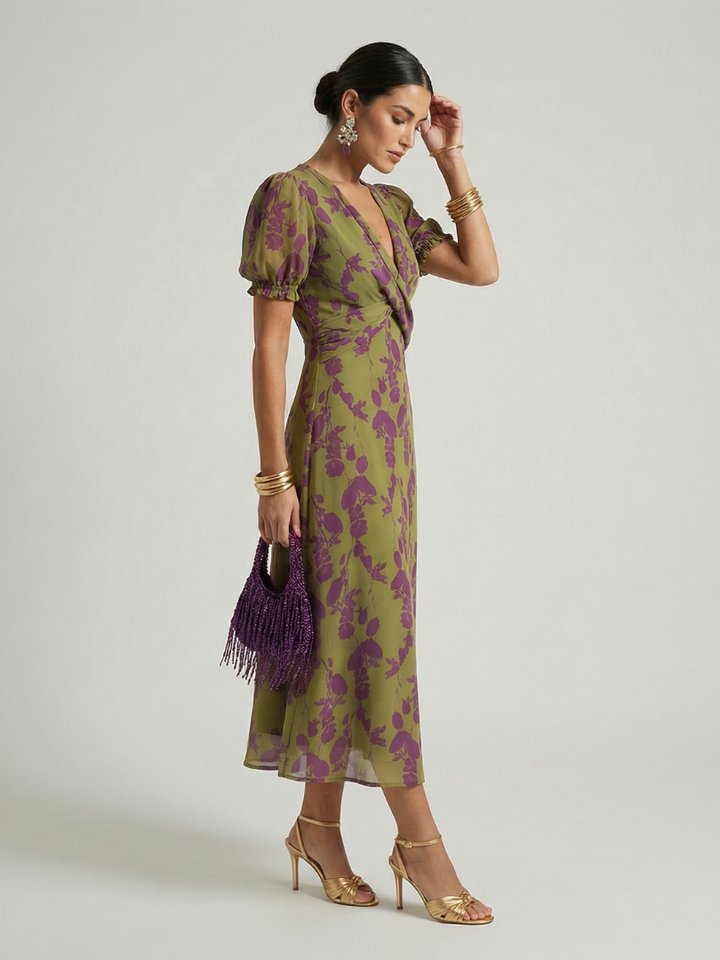 Mira | Wedding Guest Chiffon Floral V-Neck Puff Sleeve Wrap Midi Dress
