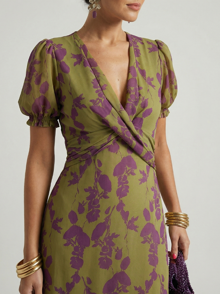 Mira | Wedding Guest Chiffon Floral V-Neck Puff Sleeve Wrap Midi Dress