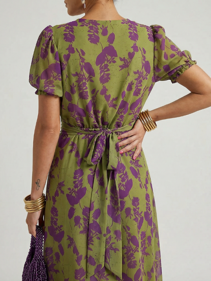 Mira | Wedding Guest Chiffon Floral V-Neck Puff Sleeve Wrap Midi Dress