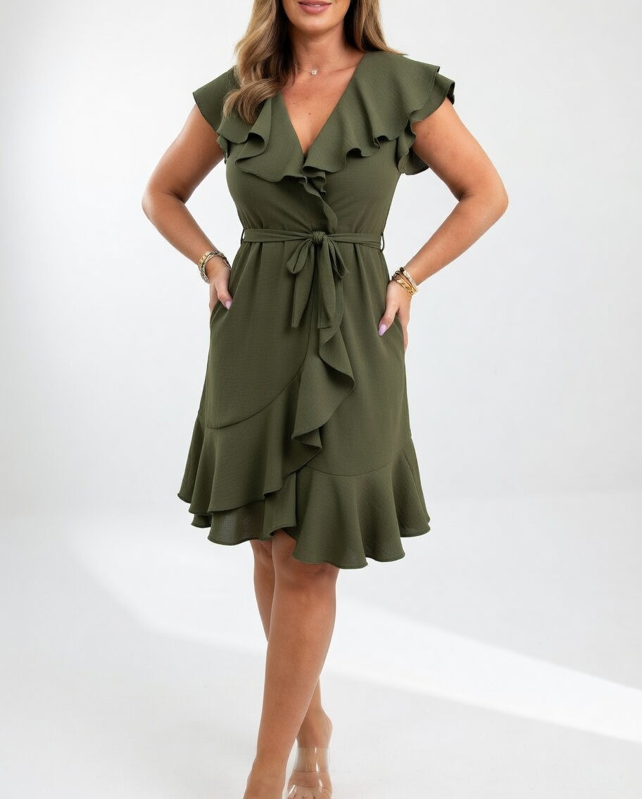 Elena | Elegant Ruffle Wrap Midi Dress
