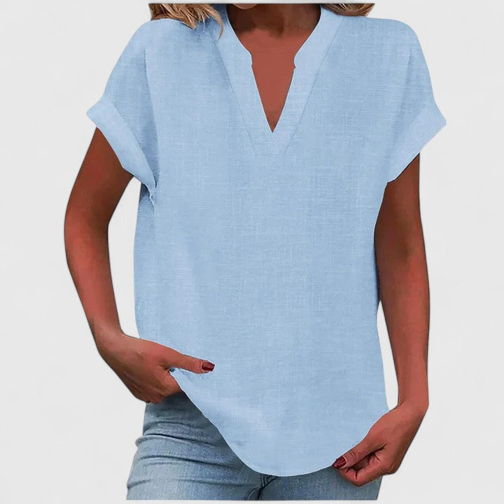 Women's V-Neck Blouse Rolled Sleeves Relaxed Fit