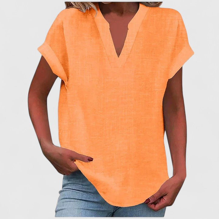 Women's V-Neck Blouse Rolled Sleeves Relaxed Fit