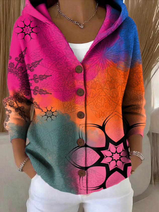 Women's Hooded Knit Jumper with a Button Front – Multicolore