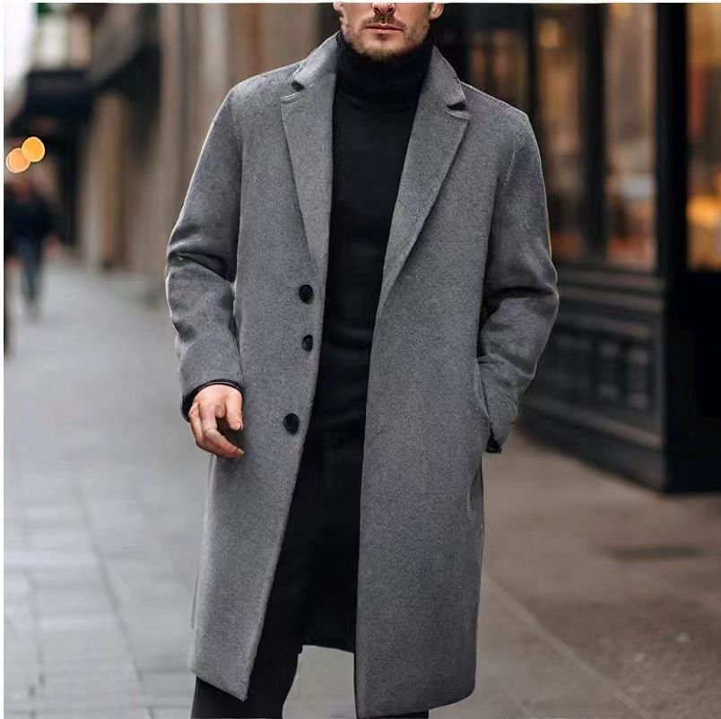 Men's Mid-Length Lapel Coat with Smooth Lining