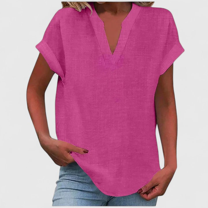 Women's V-Neck Blouse Rolled Sleeves Relaxed Fit