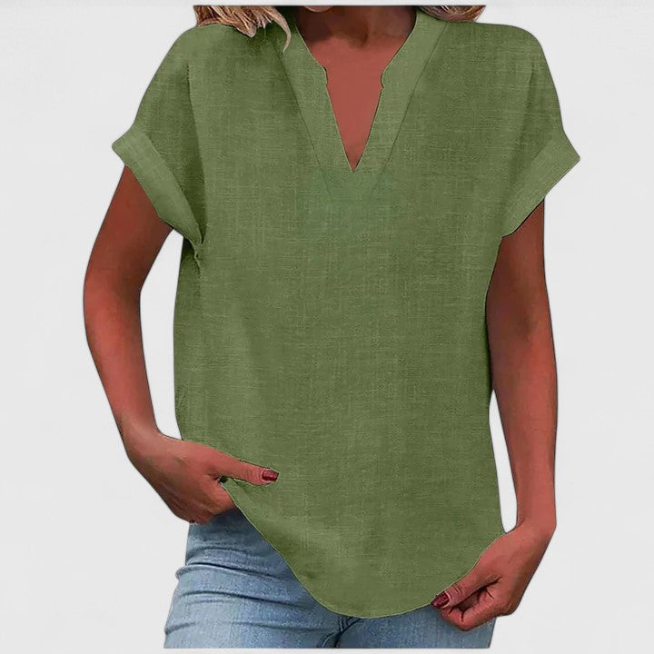 Women's V-Neck Blouse Rolled Sleeves Relaxed Fit