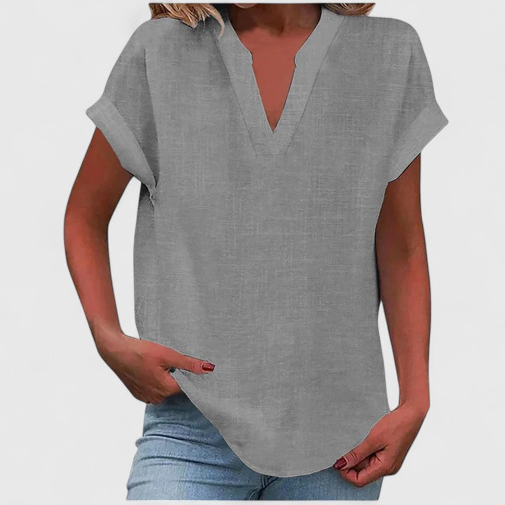 Women's V-Neck Blouse Rolled Sleeves Relaxed Fit
