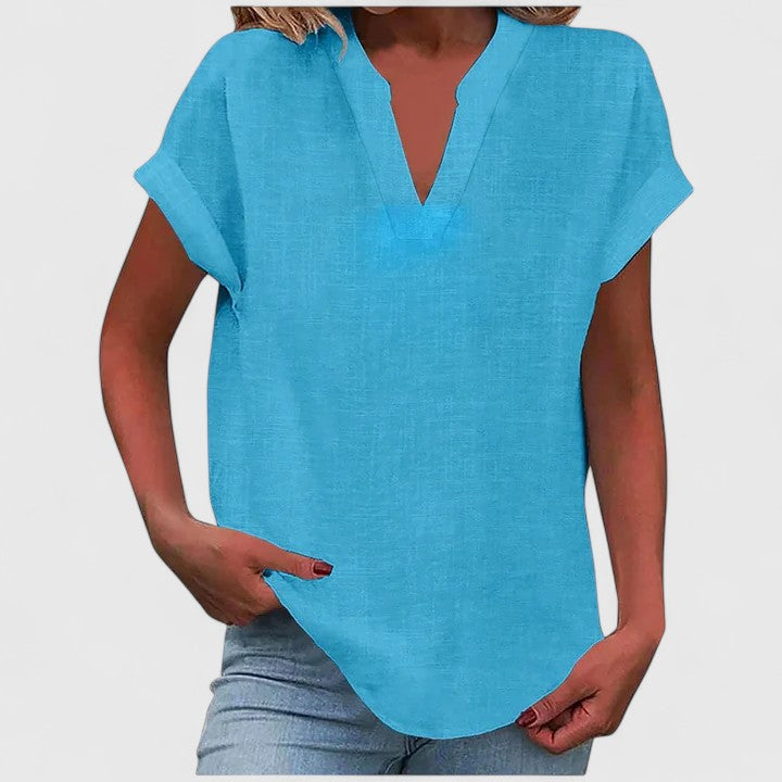 Women's V-Neck Blouse Rolled Sleeves Relaxed Fit