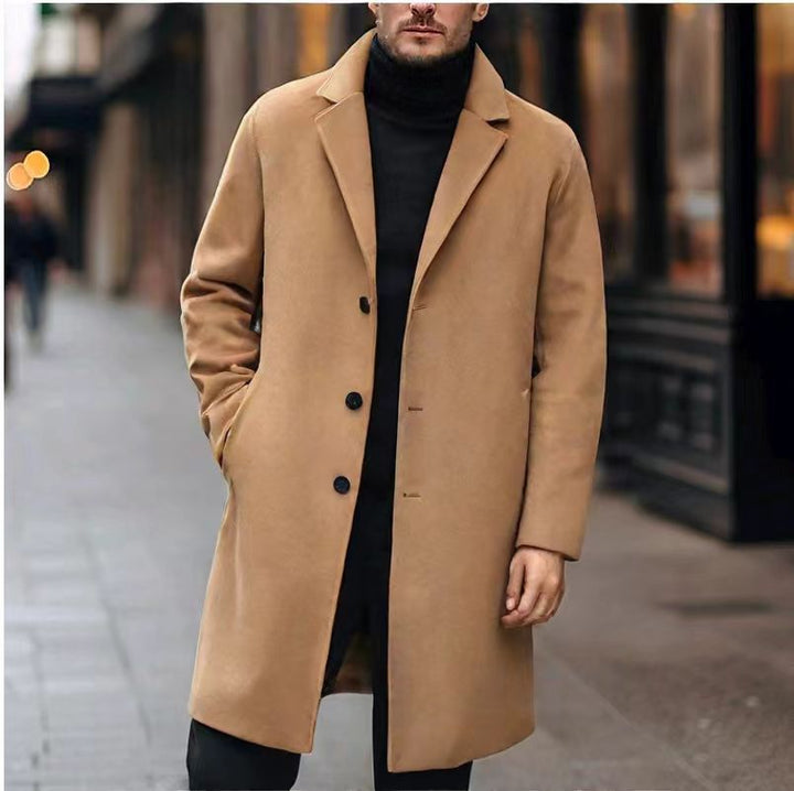 Men's Mid-Length Lapel Coat with Smooth Lining