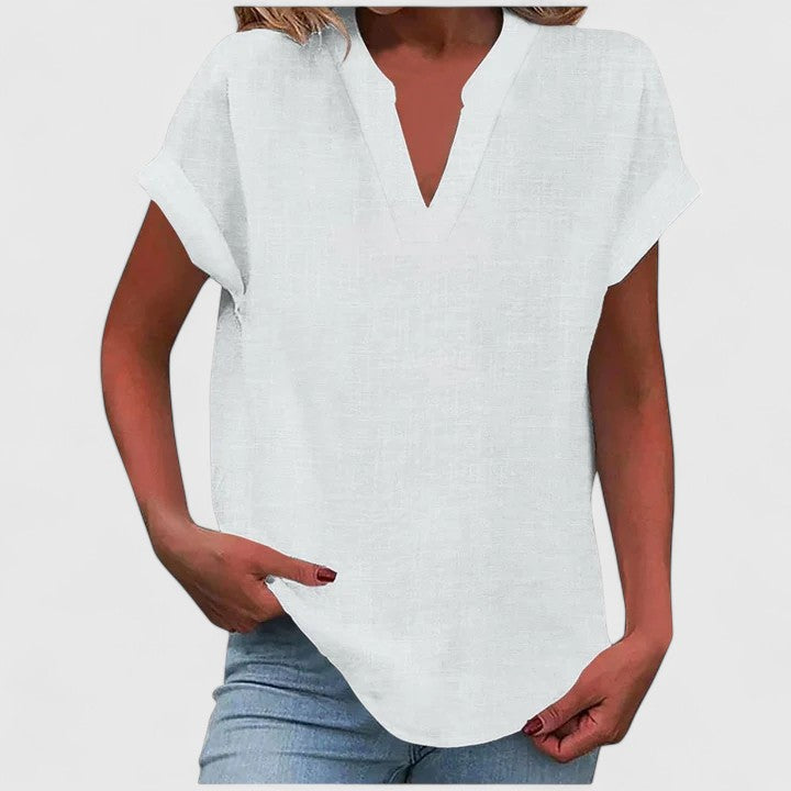 Women's V-Neck Blouse Rolled Sleeves Relaxed Fit