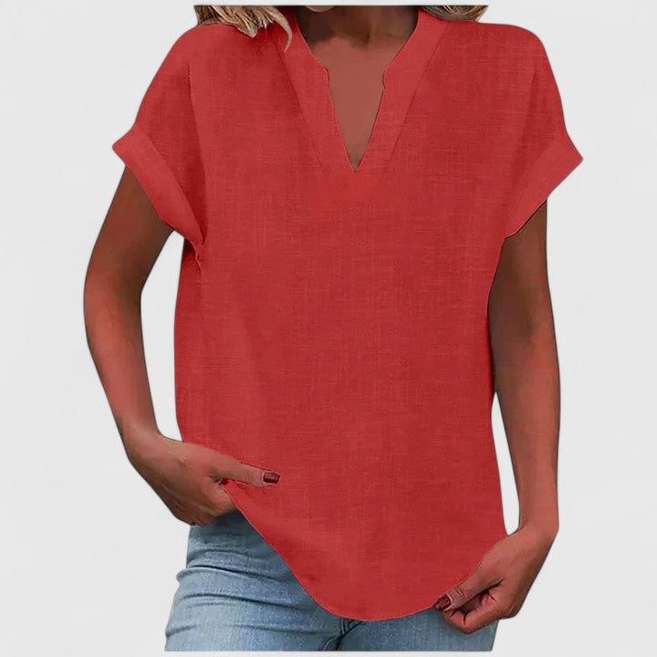 Women's V-Neck Blouse Rolled Sleeves Relaxed Fit