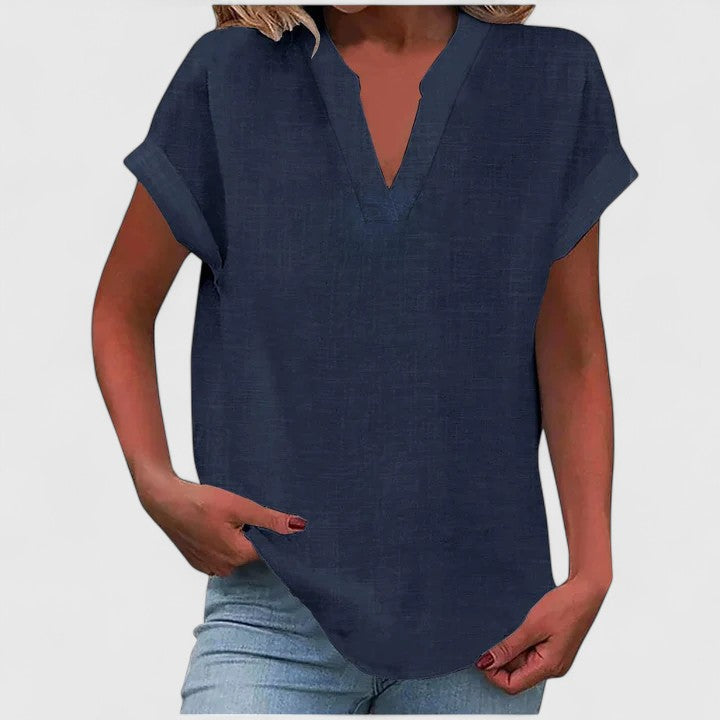 Women's V-Neck Blouse Rolled Sleeves Relaxed Fit