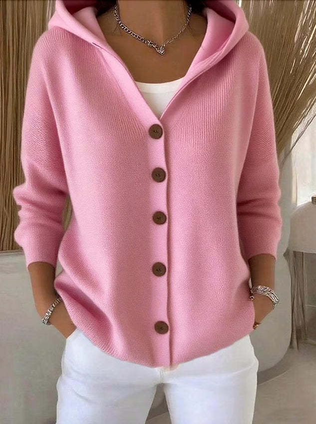 Women's Hooded Knit Jumper with a Button Front – Pink