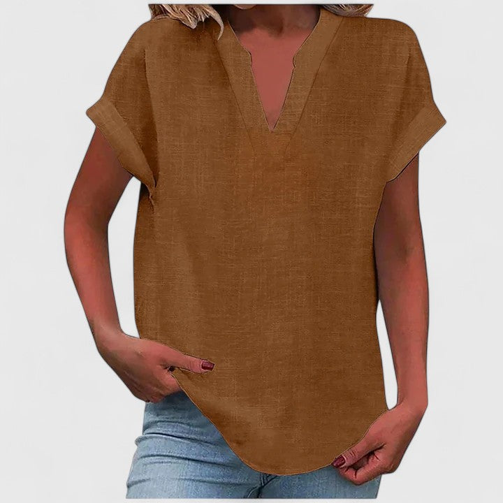 Women's V-Neck Blouse Rolled Sleeves Relaxed Fit