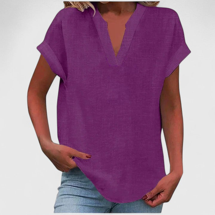 Women's V-Neck Blouse Rolled Sleeves Relaxed Fit