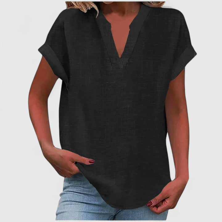 Women's V-Neck Blouse Rolled Sleeves Relaxed Fit
