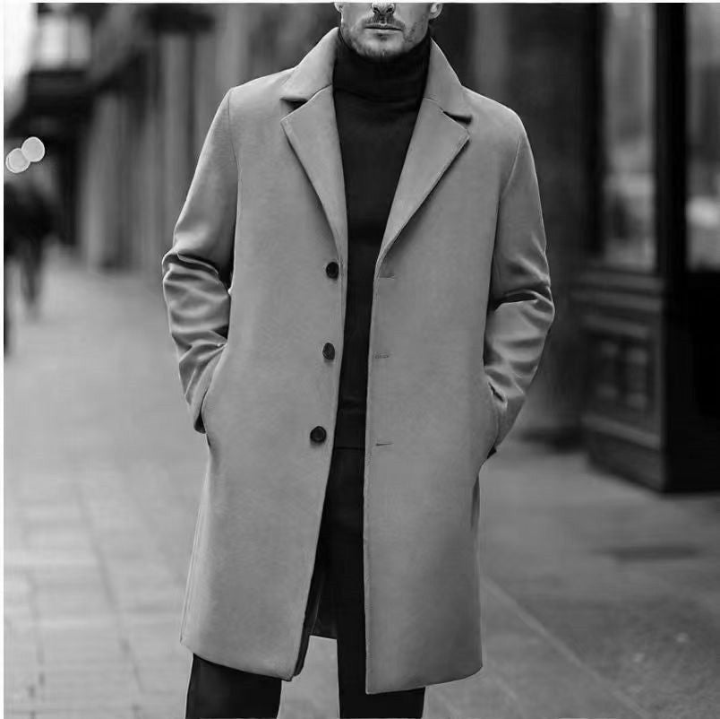 Men's Mid-Length Lapel Coat with Smooth Lining