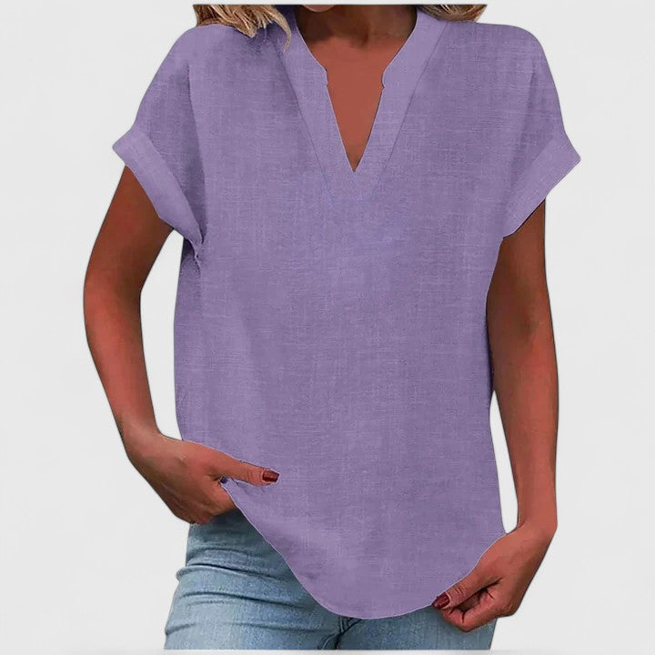 Women's V-Neck Blouse Rolled Sleeves Relaxed Fit