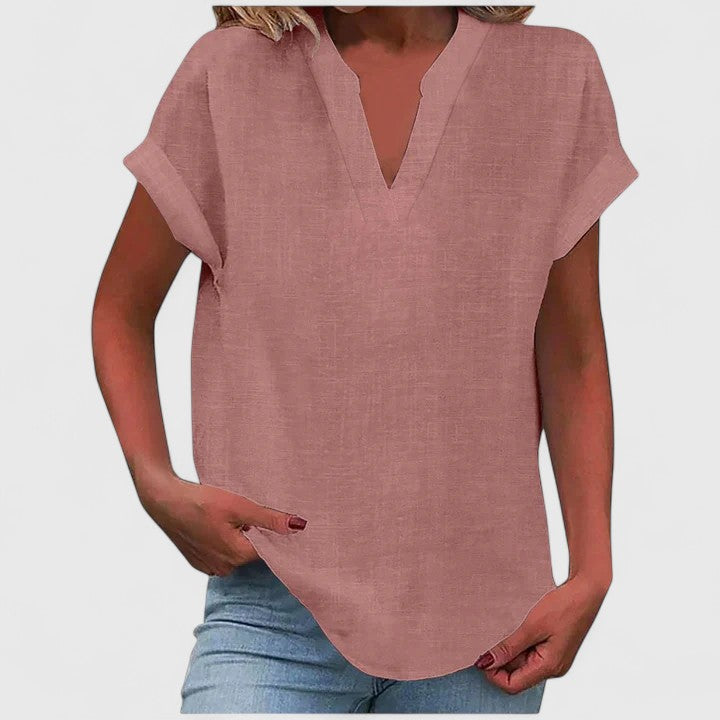 Women's V-Neck Blouse Rolled Sleeves Relaxed Fit
