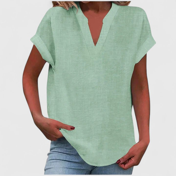 Women's V-Neck Blouse Rolled Sleeves Relaxed Fit