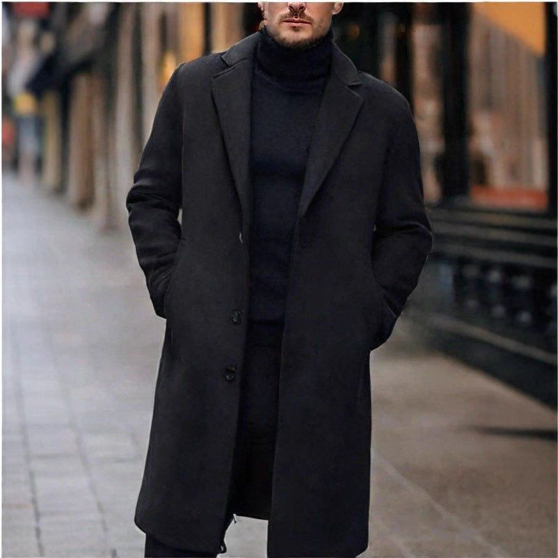 Men's Mid-Length Lapel Coat with Smooth Lining