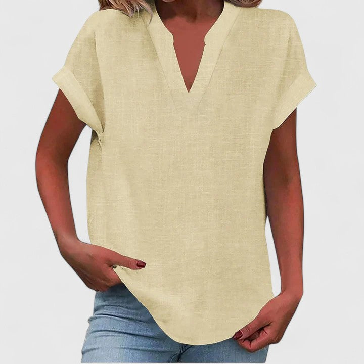 Women's V-Neck Blouse Rolled Sleeves Relaxed Fit